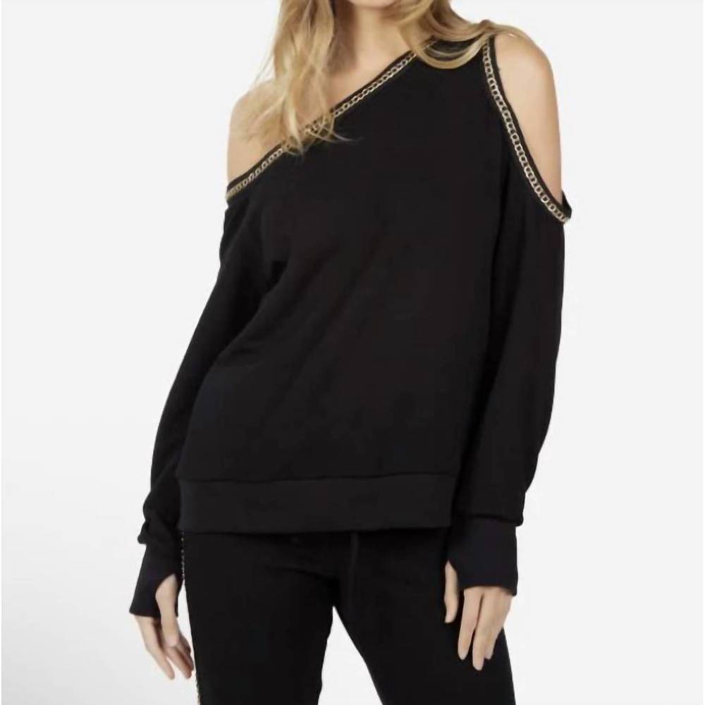 Michael Lauren Black Cold-Shoulder Long Sleeve Top with Chain Trim